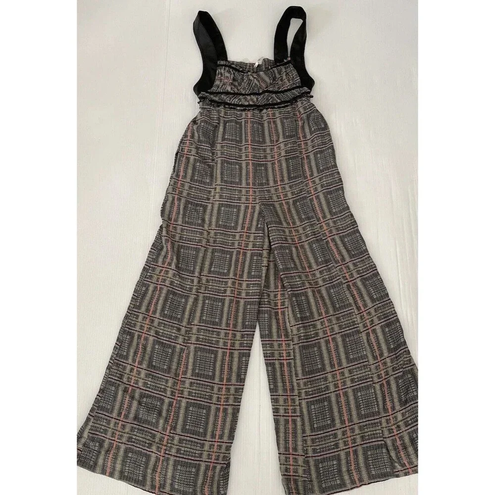 Free People Jumpsuit Marley Gray Plaid Leather Strap Boho Preppy Size XS NWT